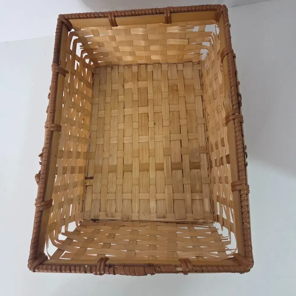 Small Rectangular Woven Bamboo Basket Tray Natural Brown Rustic Storage Decor